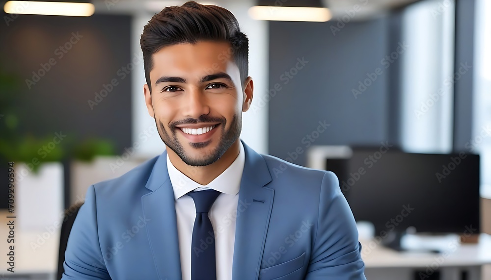 Smiling handsome young business man looking at camera in office, headshot close up corporate portrait. Happy Latin businessman, male entrepreneur, professional manager or company employee at work.