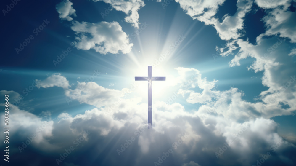 Jesus cross symbol on infinite sky background. Sky with clouds and sun rays with Christian cross in the middle - religious catholic background with copy space