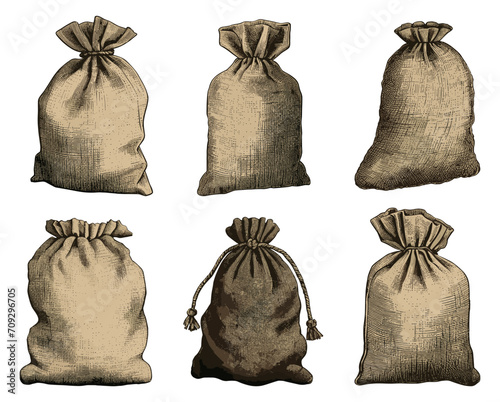 Cloth sacks isolated. Burlap bags vintage engraving, warehouse flour clothing brown packaging vector illustration