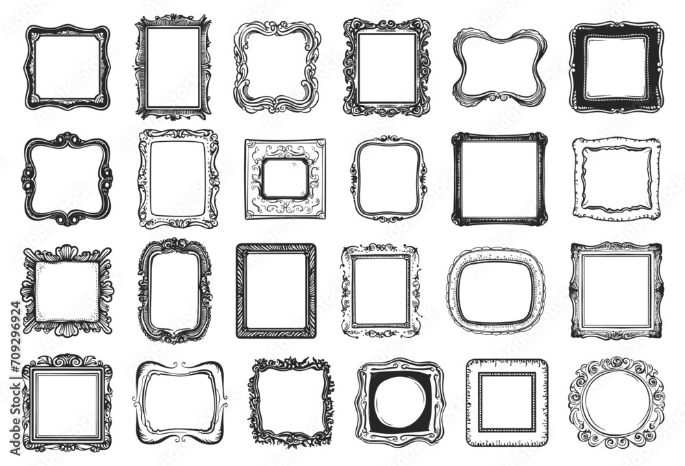 Doodle picture frames. Scrapbooking photo frame set in pencil sketch style, vector hand drawn