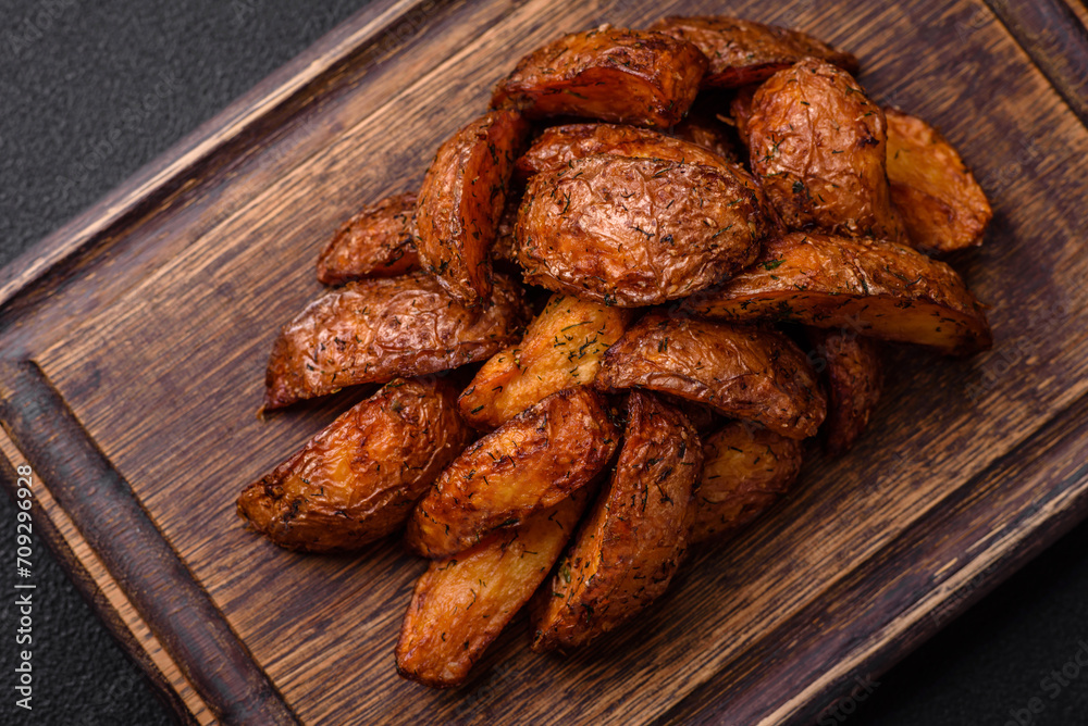 Delicious crispy potato wedges with garlic, salt, spices and herbs