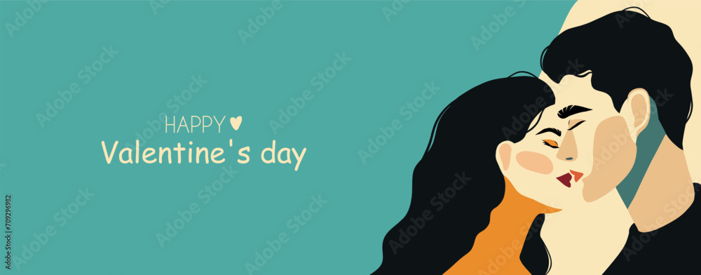 Postcard banner flat place for text romantic concept man and woman on blue background. Couple in love. Two lovers hug. Trendy illustration style minimalism holiday February 14, Valentine's Day Postcard banner flat place for text romantic concept man and woman on blue background. Couple in love. Two lovers hug. Trendy illustration style minimalism holiday February 14, Valentine's Day