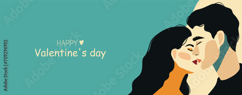 Postcard banner flat place for text romantic concept man and woman on blue background. Couple in love. Two lovers hug. Trendy illustration style minimalism holiday February 14, Valentine's Day photo