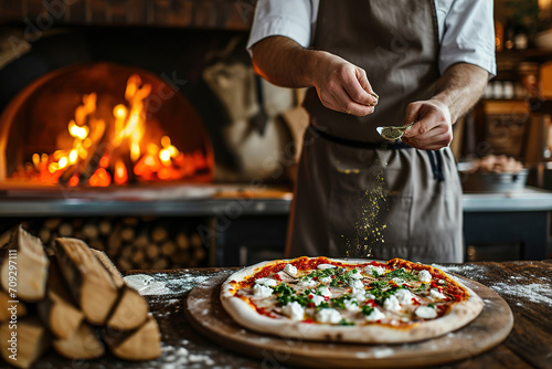 Male chef is sprinkling fresh oregano over a traditionally made home pizza. photo