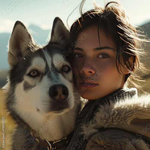 Close up ultra high resolution photo of girl with a husky dog