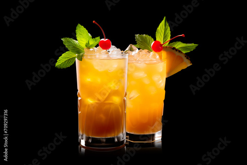 Set of Whiskey Sour and Old Fashioned cocktail garnished with a lemon in rocks glass on white background
