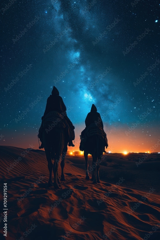 Camel in the desert at night with milky way and stars