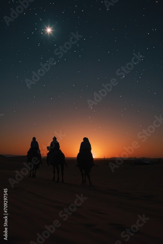 Camel caravan in the Sahara desert at night  Morocco  Africa
