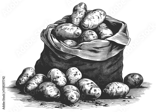 Open sack with potatoes engraving. Vintage drawing of potato tubers bag isolated vector illustration