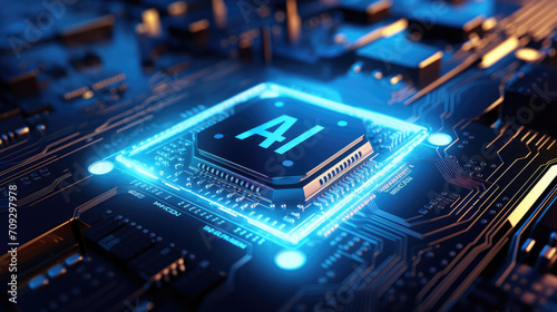 a micro chip on a futuristic circuit board reading "AI" in glowing letters