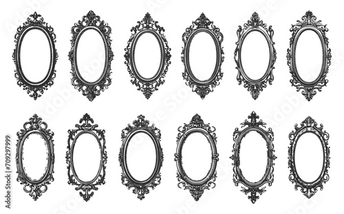 Victorian photo frame silhouettes. Ornate flourish baroque photos frames on white, vintage royal wall borders silhouettes black vector illustration