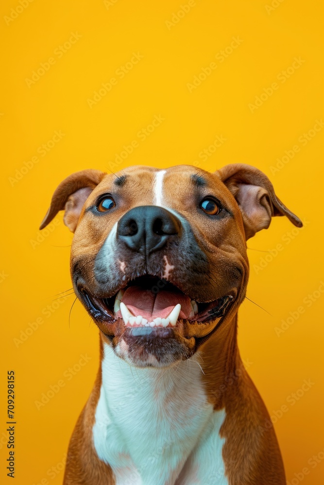 American Staffordshire Terrier portrait on yellow background. Studio shot.