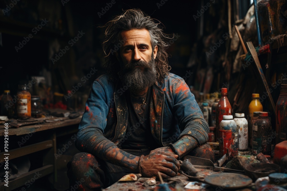 A rugged man, his face weathered by time, sits amongst the clutter of his workshop, his worn clothing and unkempt beard reflecting his dedication to his craft