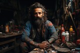 A rugged man, his face weathered by time, sits amongst the clutter of his workshop, his worn clothing and unkempt beard reflecting his dedication to his craft