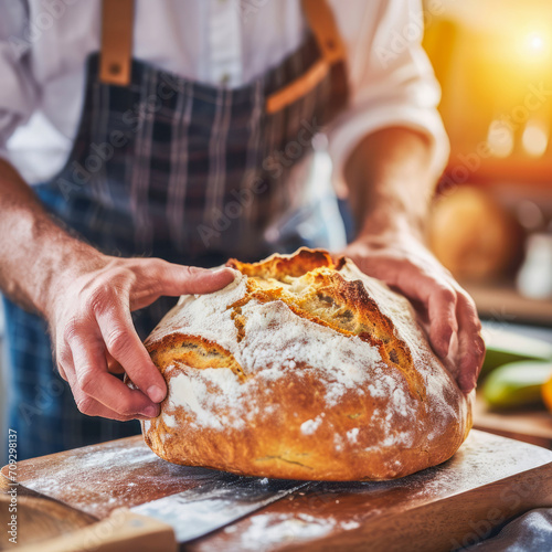 Close-up of a person in an apron holding a freshly baked artisan bread loaf, dusted with flour, on a wooden cutting board. Soft focus. 