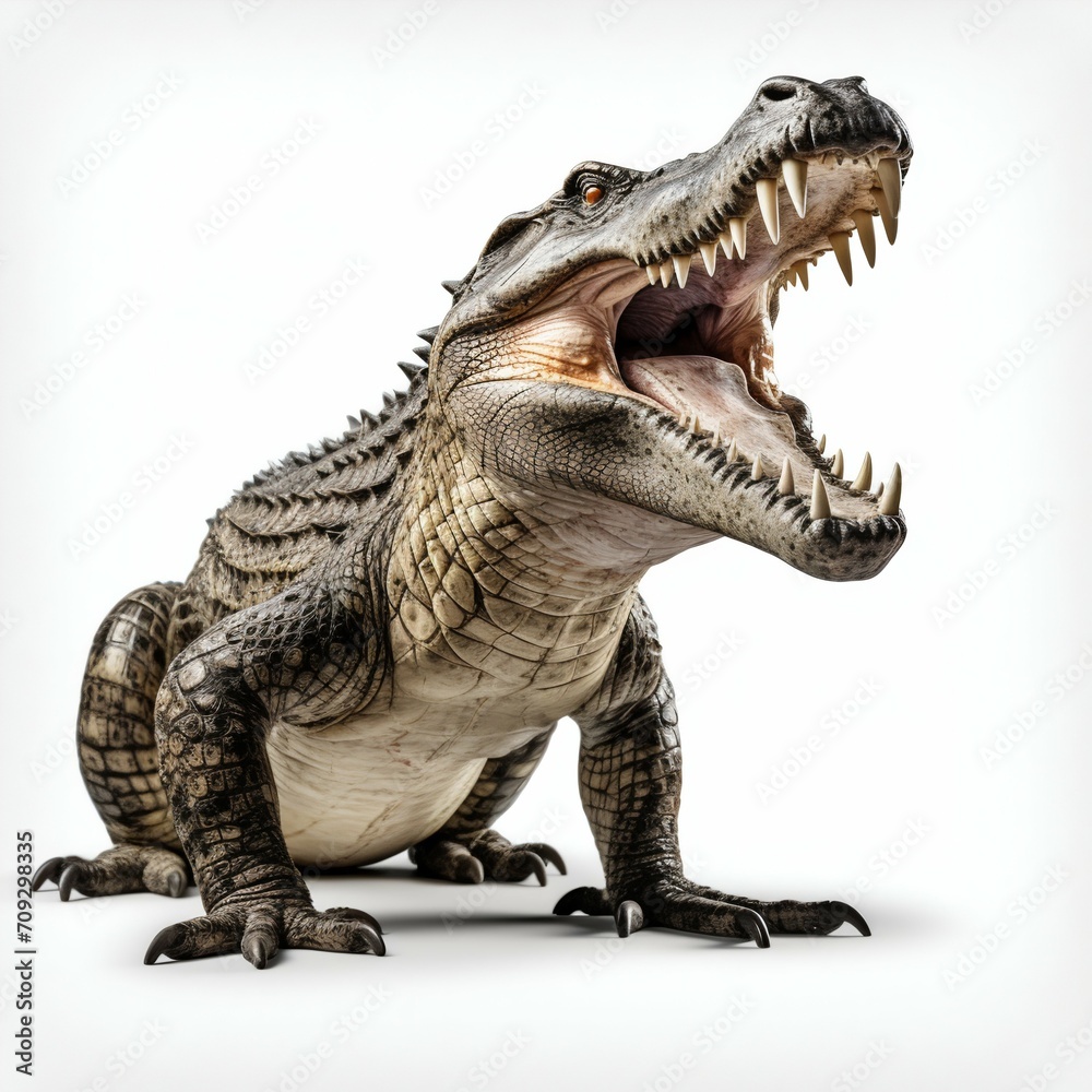 Fototapeta premium Fierce Crocodile Displaying Teeth Isolated on White. Generative ai