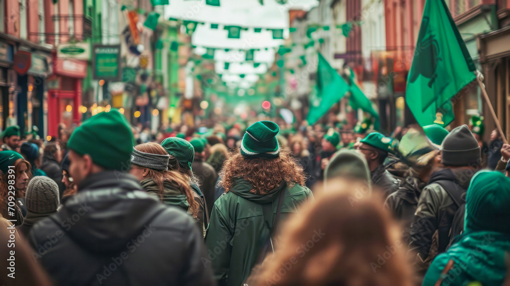 A lively street parade scene celebrating St. Patrick's Day  - obrazy, fototapety, plakaty 