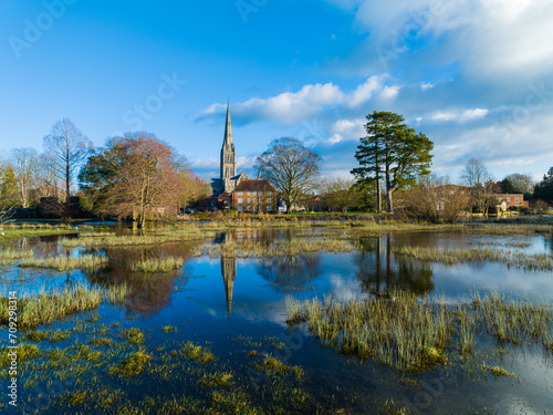 Wide Angle Aerial shot of Salisbury Cathedral and flooded Meadows