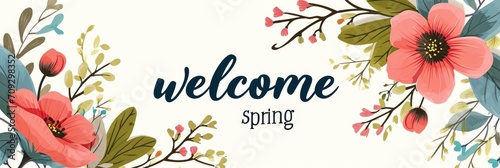 Welcome spring day. Flower tree for Happy holidays greeting card. Typography for spring holidays. photo