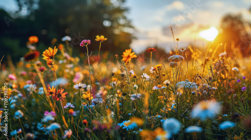 A peaceful spring meadow with blooming wildflowers and a gentle sunrise, symbolizing new beginnings. Soft focus.
