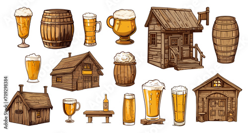 Beer elements. Isolated brewery products collection. Alcoholic drinks in different glasses. Wooden village houses pubs, barrels, vector clipart
