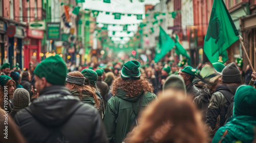A lively street parade scene celebrating St. Patrick's Day  photo