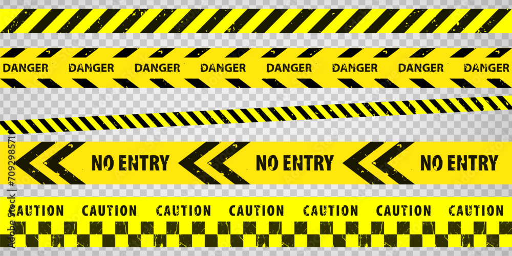 Black and yellow police stripe border, construction, danger, no entry caution tapes set. Set of danger caution grunge tapes.  Warning signs for your  design on transparent background. EPS10 - obrazy, fototapety, plakaty 