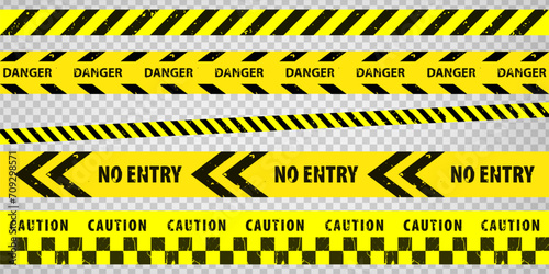 Black and yellow police stripe border, construction, danger, no entry caution tapes set. Set of danger caution grunge tapes.  Warning signs for your  design on transparent background. EPS10 photo