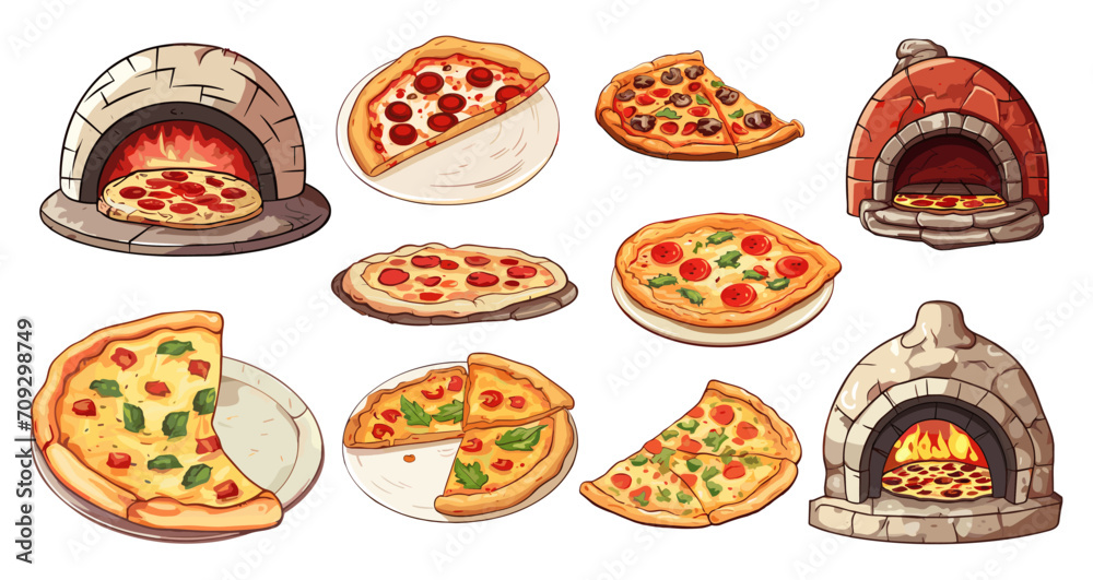 Cooking pizza in traditional stone oven. Slices on plate and stones. Italian restaurant or bistro meal, popular fast food delivery, vector icons Cooking pizza in traditional stone oven. Slices on plate and stones. Italian restaurant or bistro meal, popular fast food delivery, vector icons