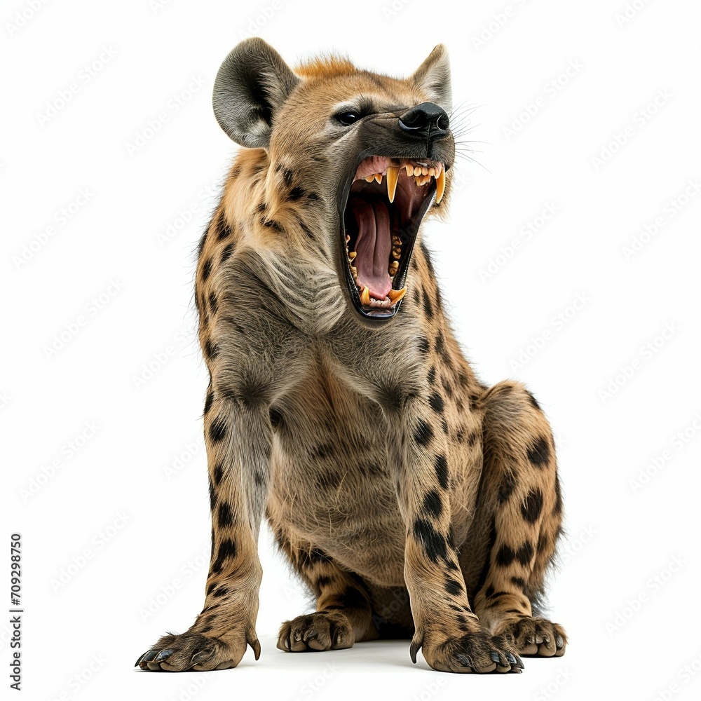 Obraz premium Spotted Hyena Snarling Aggressively Isolated on White. Generative ai