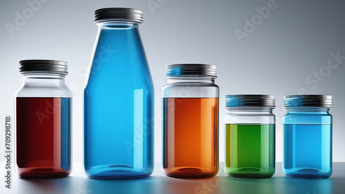 Scientific bottles with liquid on a gray background.