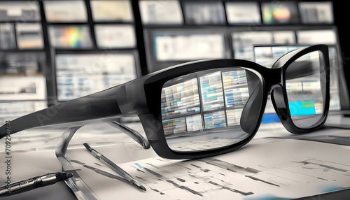 glasses reflecting computer monitor with data.show humans using apps or digital tools works