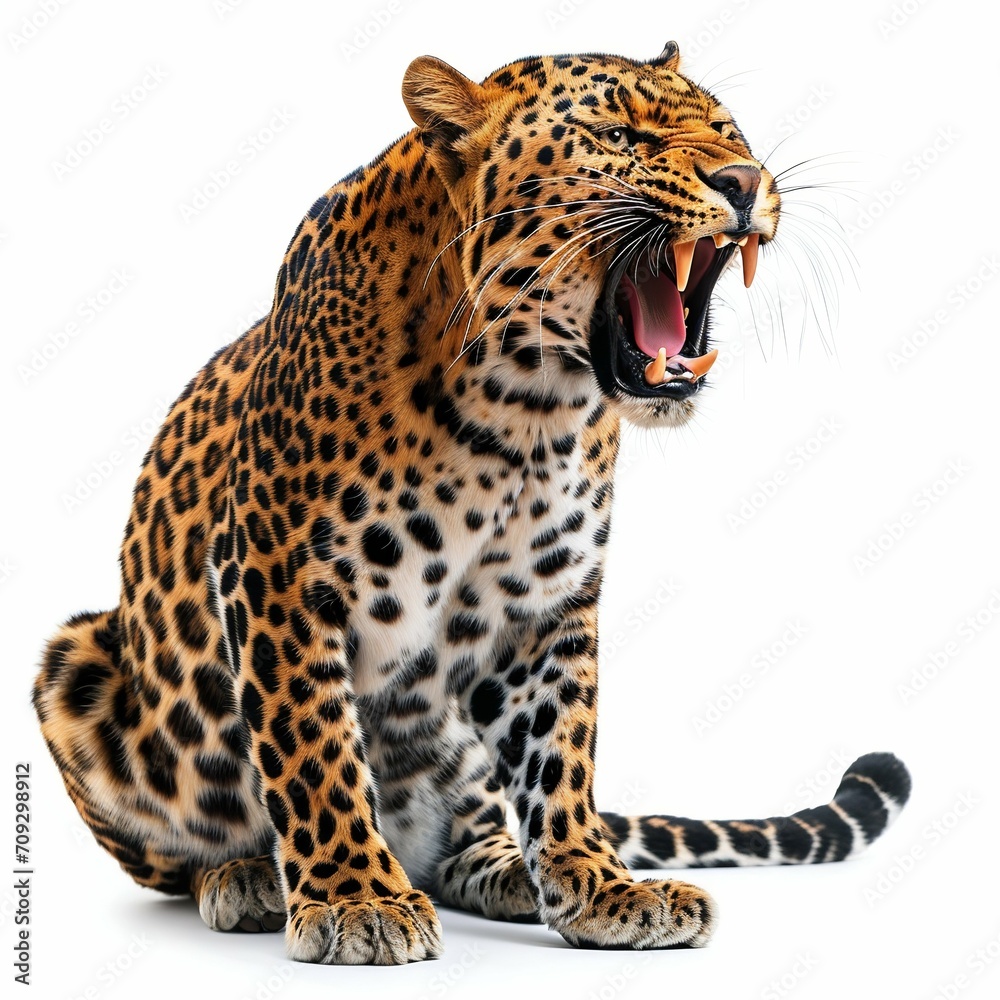 Obraz premium Leopard Roaring Isolated on White Background. Generative ai