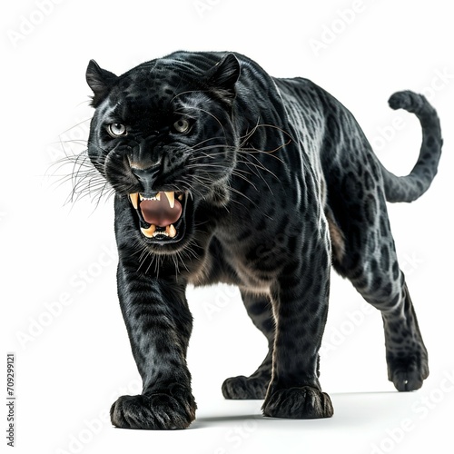 Menacing Black Panther Roaring Isolated on White Background. Generative ai