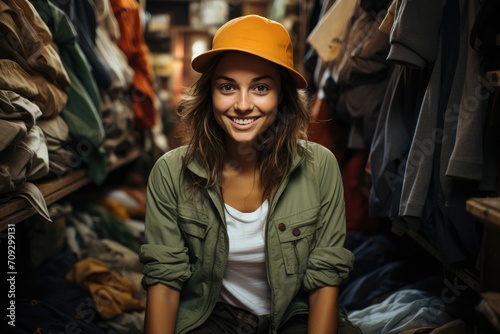 A stylish young woman stands confidently in the street, wearing a yellow fedora and a bright smile as she peruses the fashion accessories in a nearby shop © familymedia