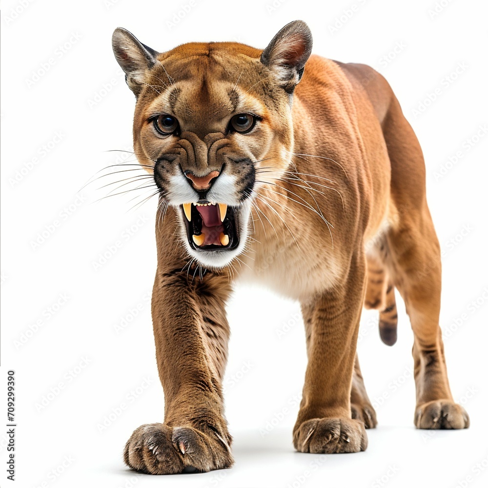 Obraz premium Puma on the Prowl Roaring Isolated on White Background. Generative ai