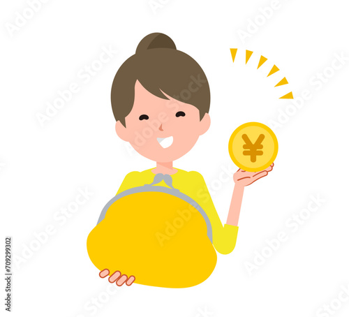 お金を持って喜ぶ女性。