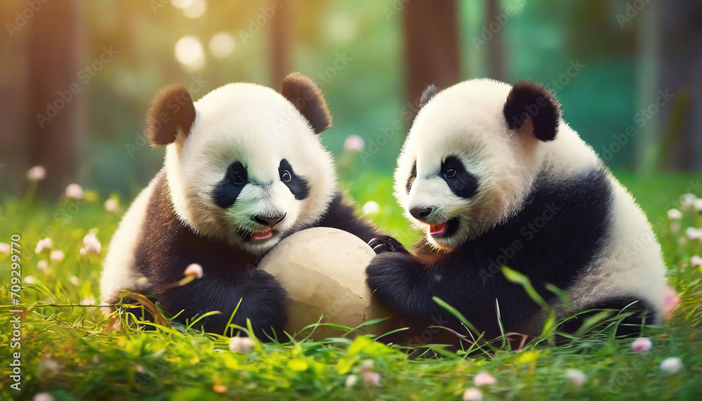 Naklejka premium Cute, young panda bears playing with ball outdoor .ai generated