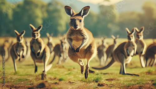 Group of kangaroos in nature. Kangaro herd outdoor  .ai generated photo