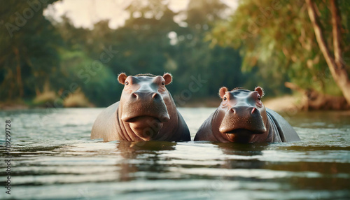  Two young hippos in river      .ai generated