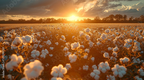 A visually striking image of cotton fields at sunrise  with the morning mist gently rising from the plants  creating an ethereal atmosphere that highlights the serene and picturesq