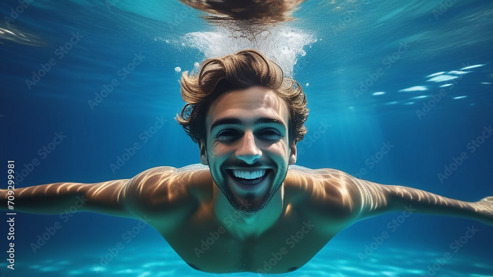Fototapeta premium A man swims happy underwater in the pool.