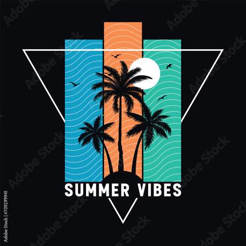 Summer Vibes in waves, text with a waves illustration, for t-shirt prints, posters. Summer Beach Vector illustration. long beach California summer time, summer beach sunshine vector print design.