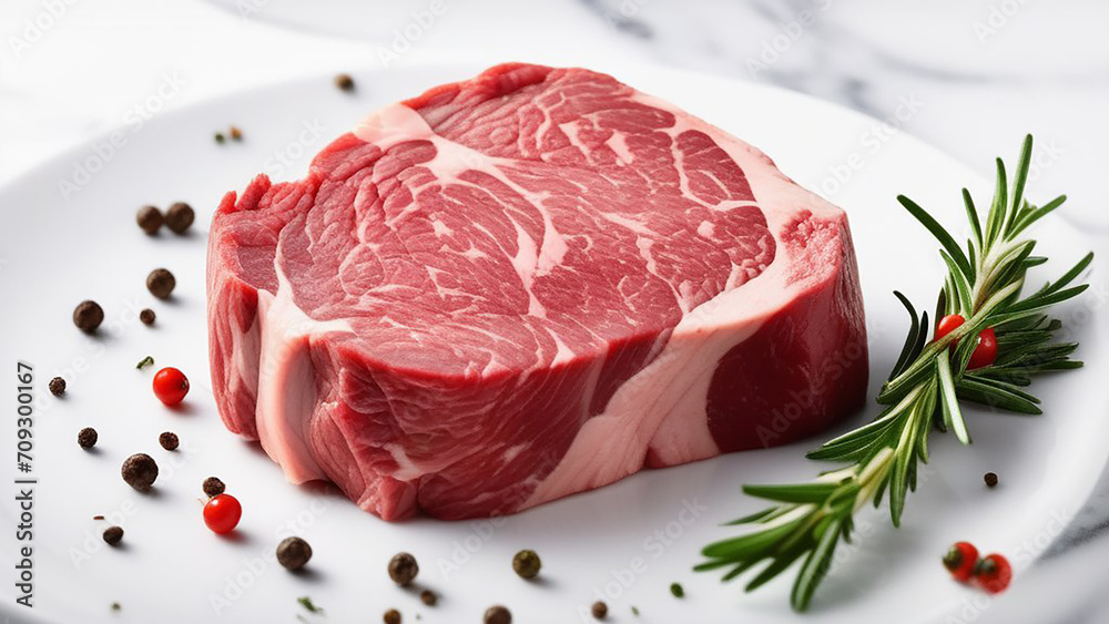 Fresh meat steak with pepper and rosemary on a white background. Fresh meat steak with pepper and rosemary on a white background.