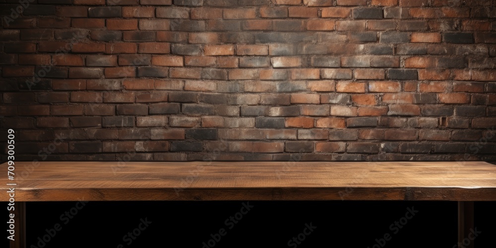 Installation or product demonstration: Empty brown wooden table and old black brick wall blur background.