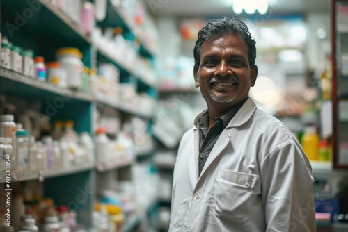 A man from India stands in a pharmacy in a white coat in front of shelves of medicines. Medicine