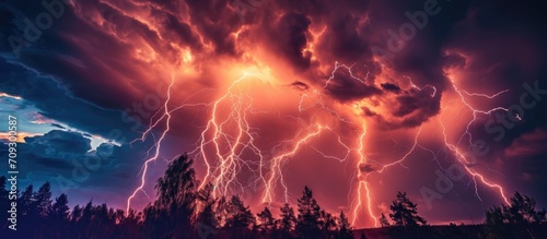 Intense lightning strikes near trees.