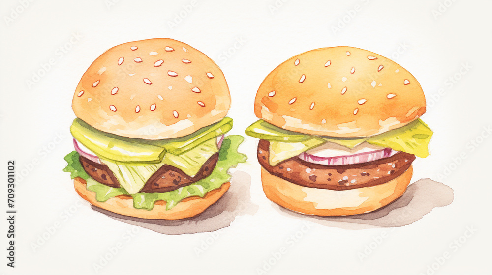 Burgers, Cartoon drawing, Water color style, AI Generated Burgers, Cartoon drawing, Water color style, AI Generated