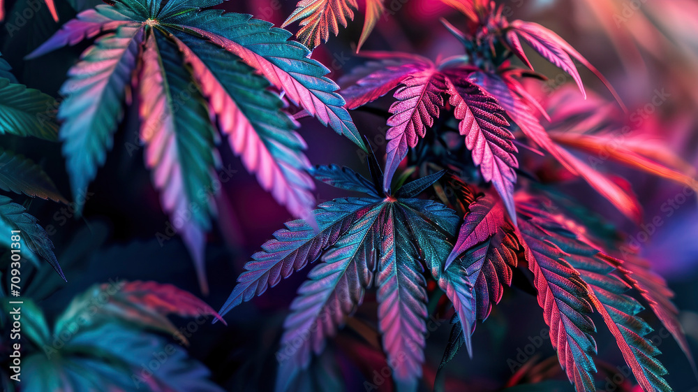 neon marijuana leaves close-up leaves of flowering cannabis bushes on background - obrazy, fototapety, plakaty 