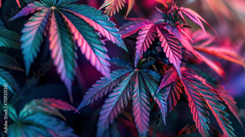 neon marijuana leaves close-up leaves of flowering cannabis bushes on background photo